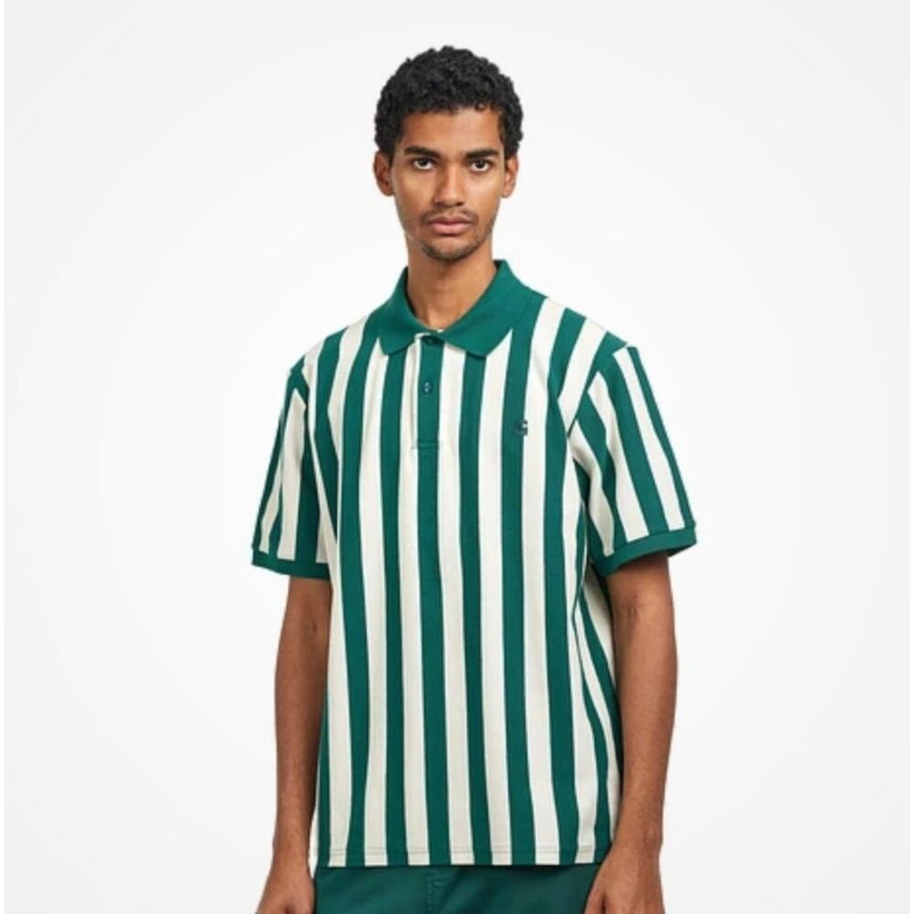 Carhartt WIP Boynton Polo Mens Green & White Striped Polo Shirt L Cotton